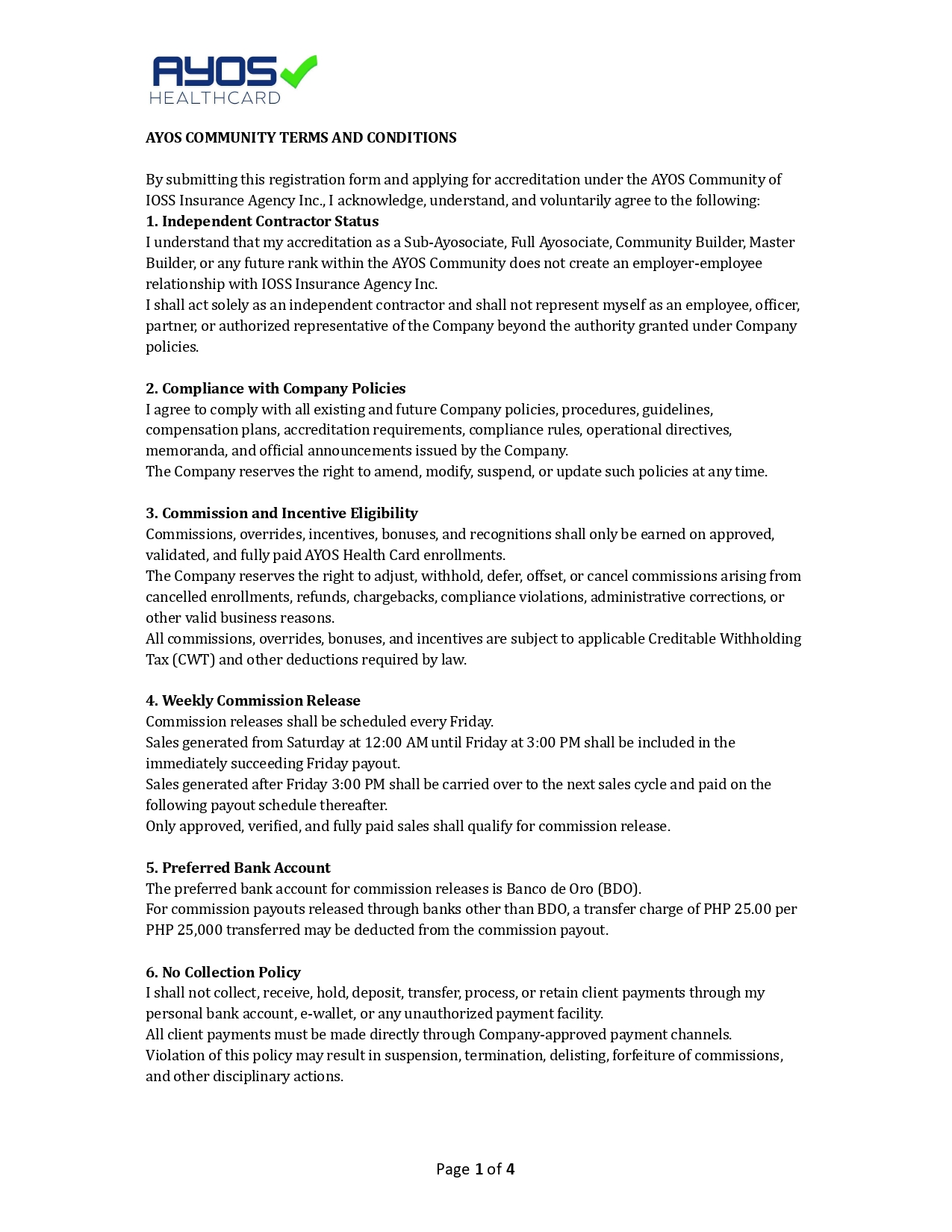 AYOS Community Terms and Conditions page 1 of 4
